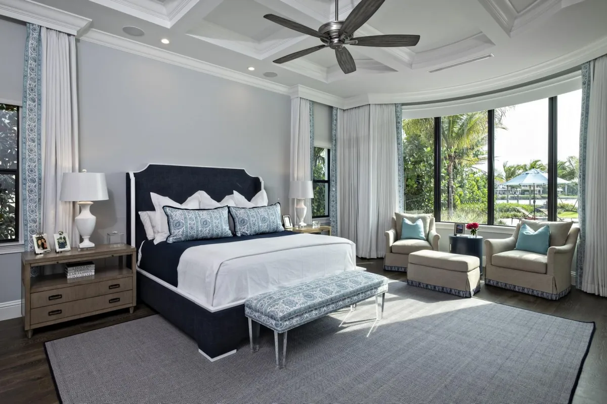 Blue and white bedroom at Frenchman’s Harbor